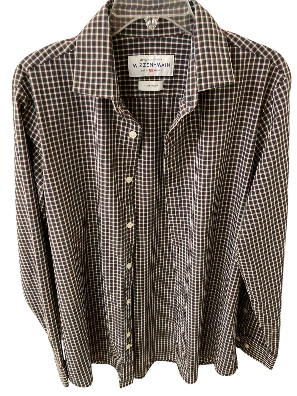 MIZZEN+MAIN Leeward Collection Trim Fit Red Blue Green Plaid Long Sleeve Shirt L